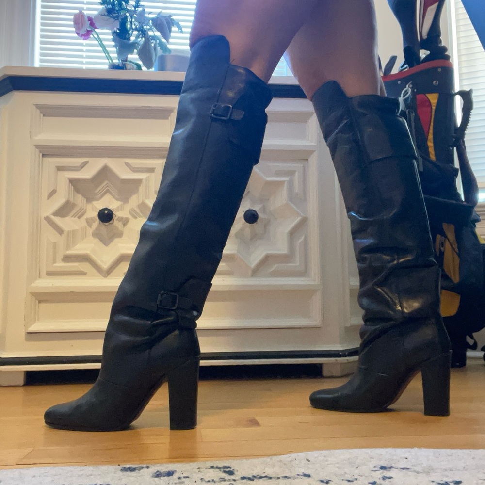 Zara Black Leather Over the Knee High Boots